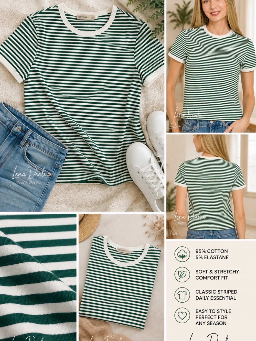 ZENANA Striped Ribbed Crewneck T - Shirt Women’s Dark Green Sz Small Cotton
